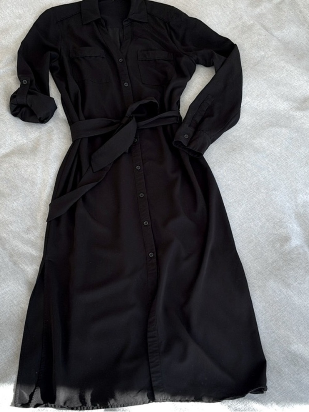 Halston Heritage Black Long-Sleeve Button-Front Shirt Dress with Waist Tie